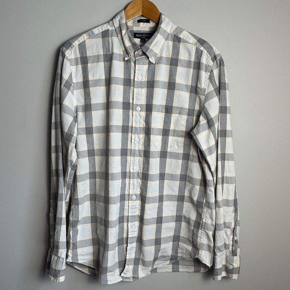 J. Crew Mercantile Flex Men's Button Up Long Sleeve Shirt Gray Check Plaid Large